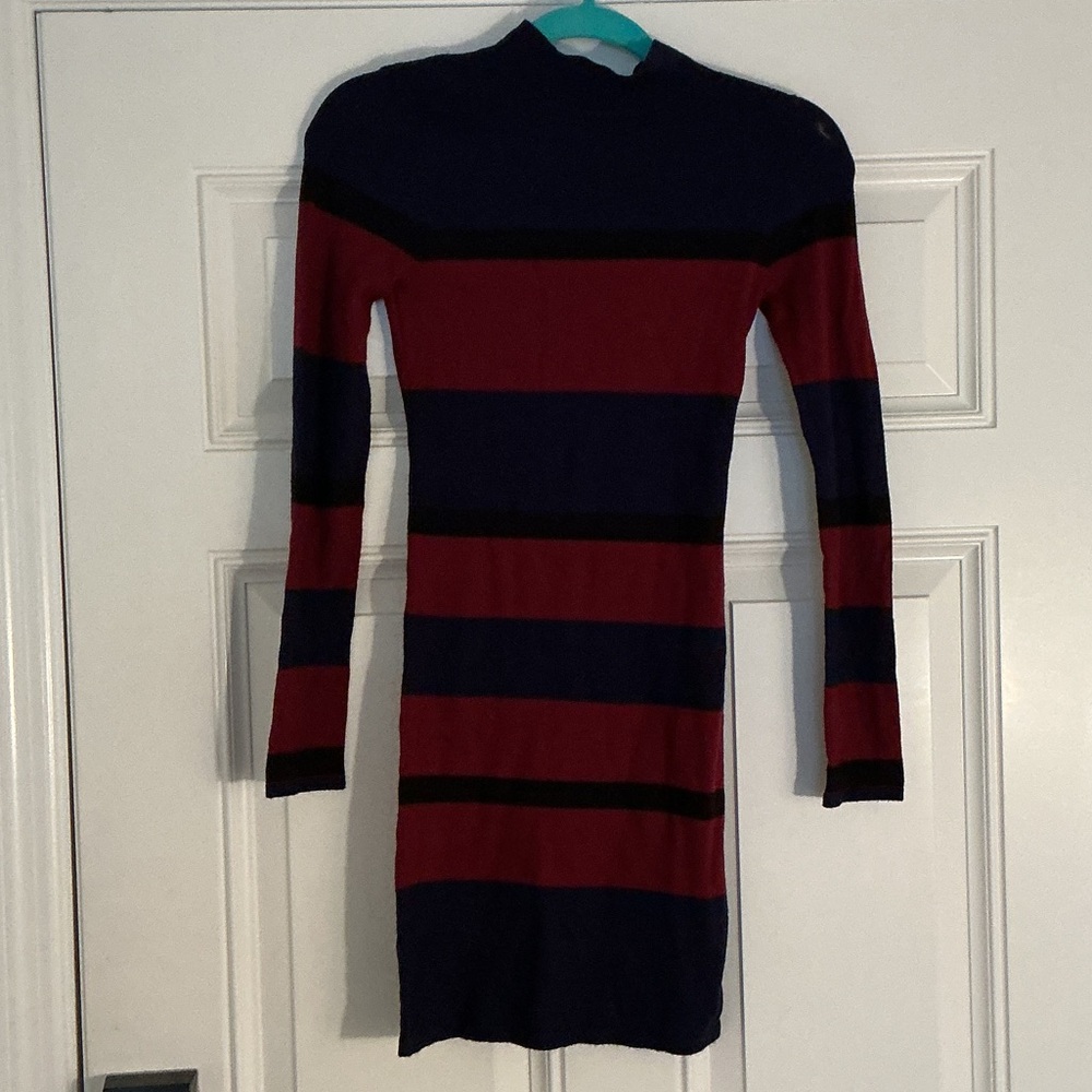 BCBGeneration Striped Burgundy and Blue/Black Bodycon Women's Dress Sz XS